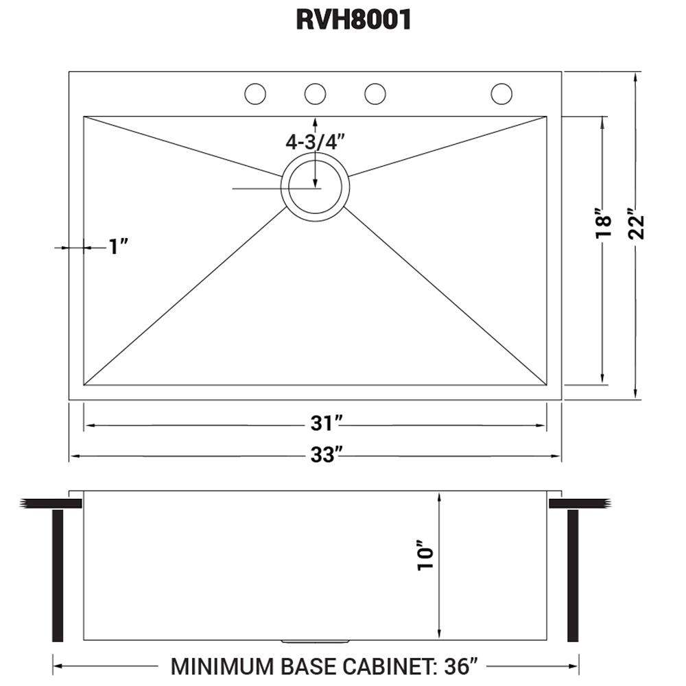 Ruvati 33 x 22 inch Kitchen Sink Single Bowl 4 holes. Picture 15