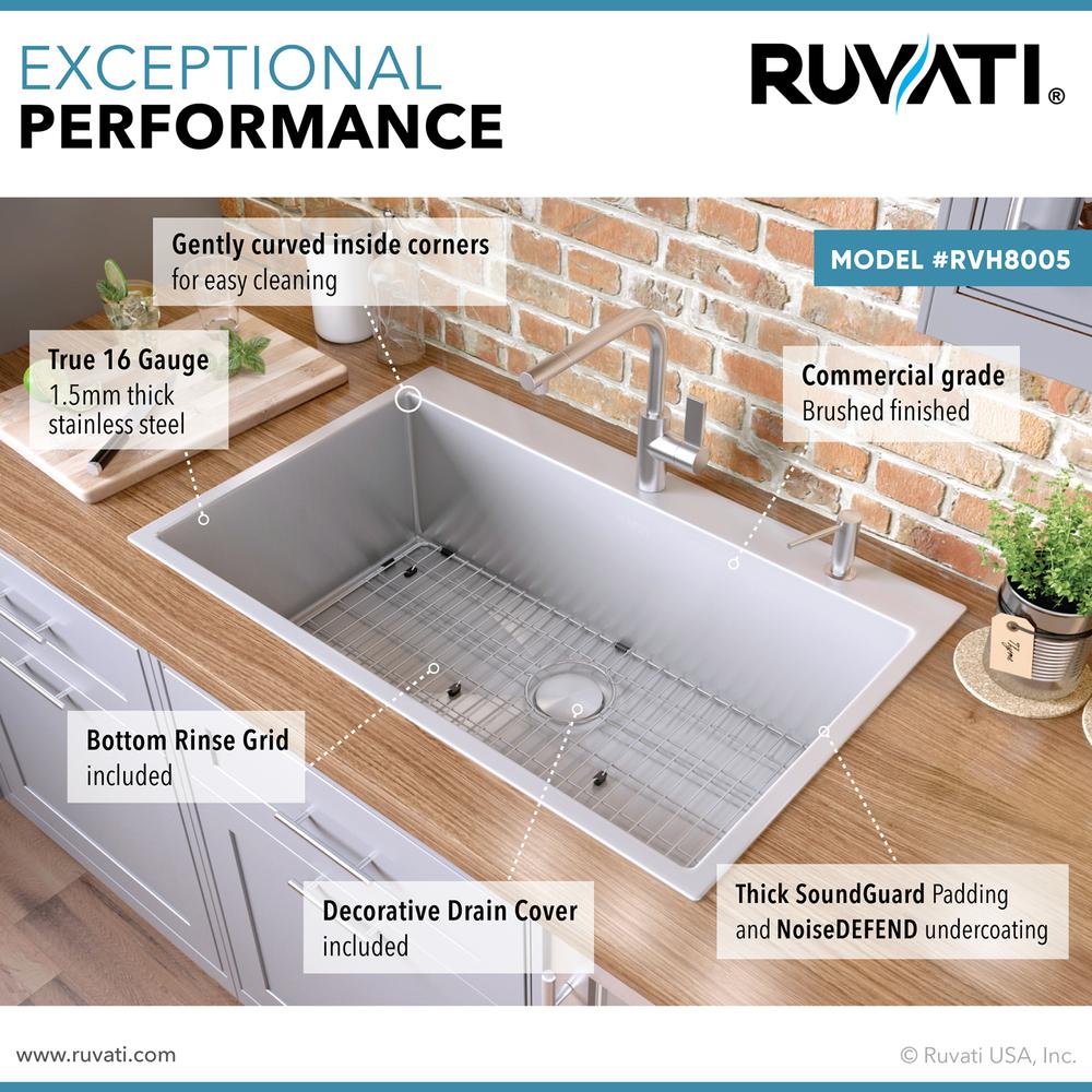 Ruvati 33 x 22 inch Drop-in 16 Gauge Topmount Kitchen Sink Single Bowl. Picture 6