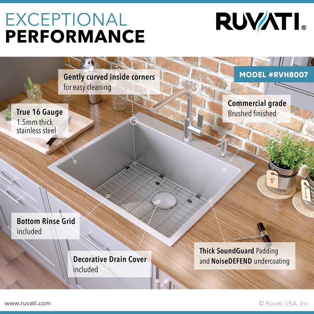 Ruvati 25-in Drop-in Topmount 16 Gauge Rounded Corners Kitchen Sink Single Bowl. Picture 7