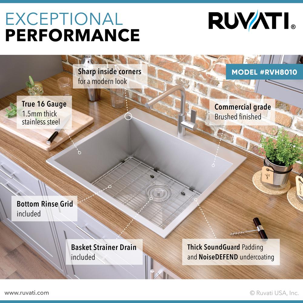 Ruvati 25" Drop-in Topmount 16 Gauge Stainless Steel Single Bowl Kitchen Sink. Picture 6