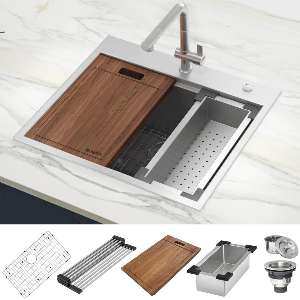 Ruvati 25 x 22 inch Workstation Topmount 16 Gauge Ledge Kitchen Sink Single Bowl. Picture 9