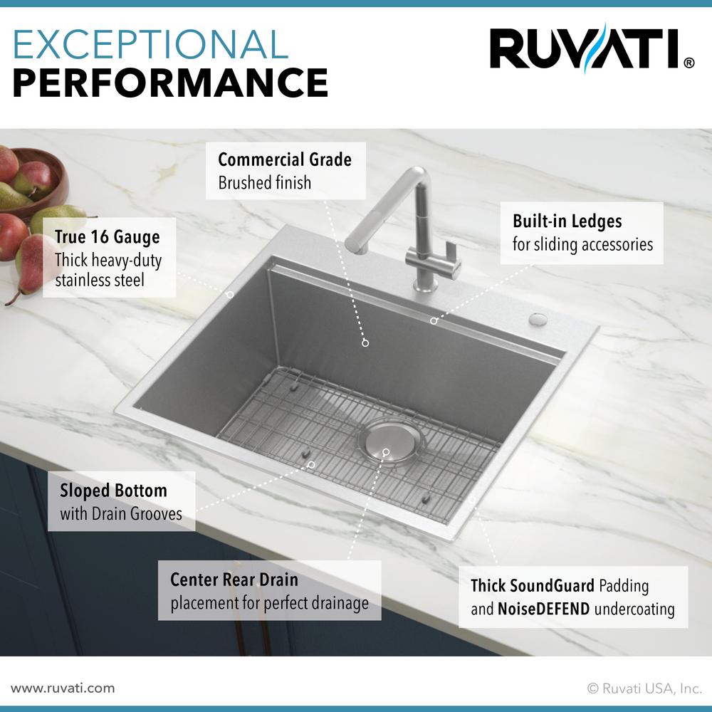 Ruvati 25 x 22 inch Workstation Topmount 16 Gauge Ledge Kitchen Sink Single Bowl. Picture 12