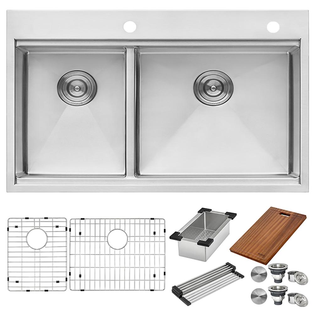 Ruvati 33 x 22 inch Workstation Drop-in 40/60 Double Bowl Topmount Kitchen Sink. Picture 5