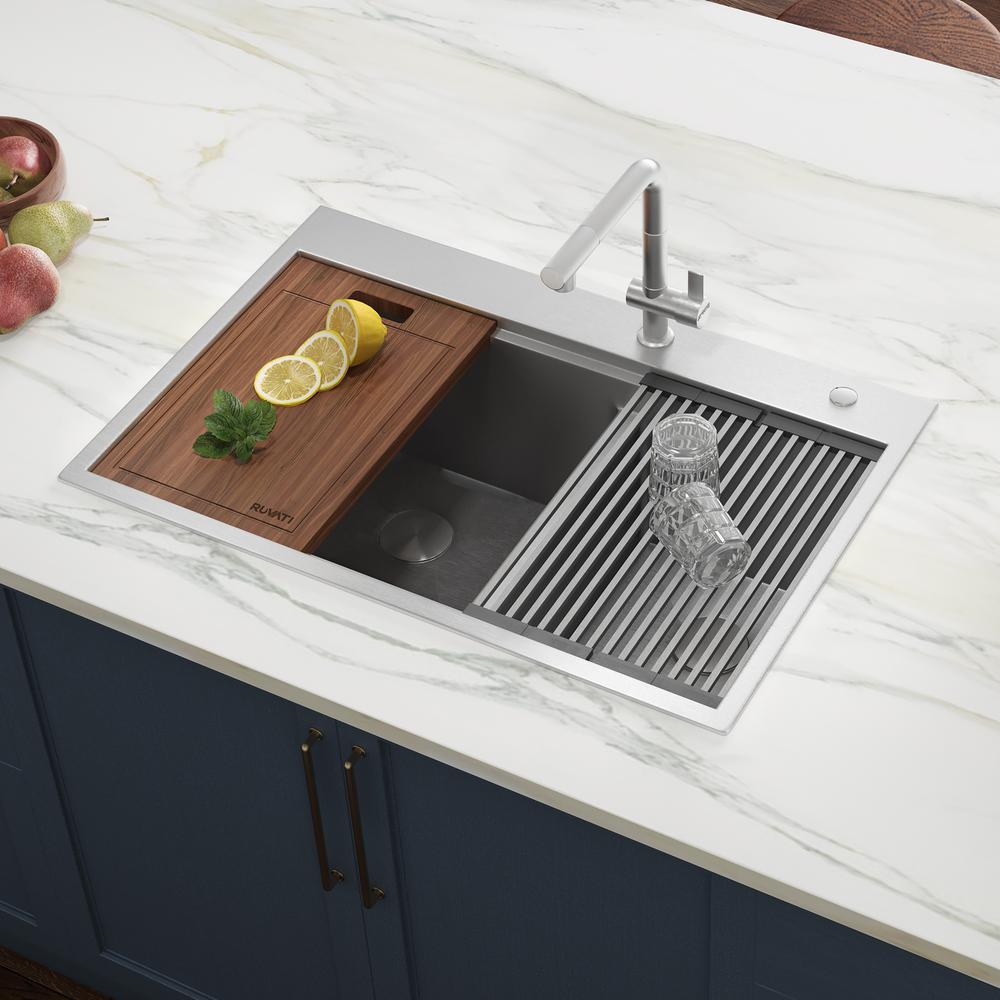 Ruvati 33 x 22 inch Workstation Drop-in 40/60 Double Bowl Topmount Kitchen Sink. Picture 18