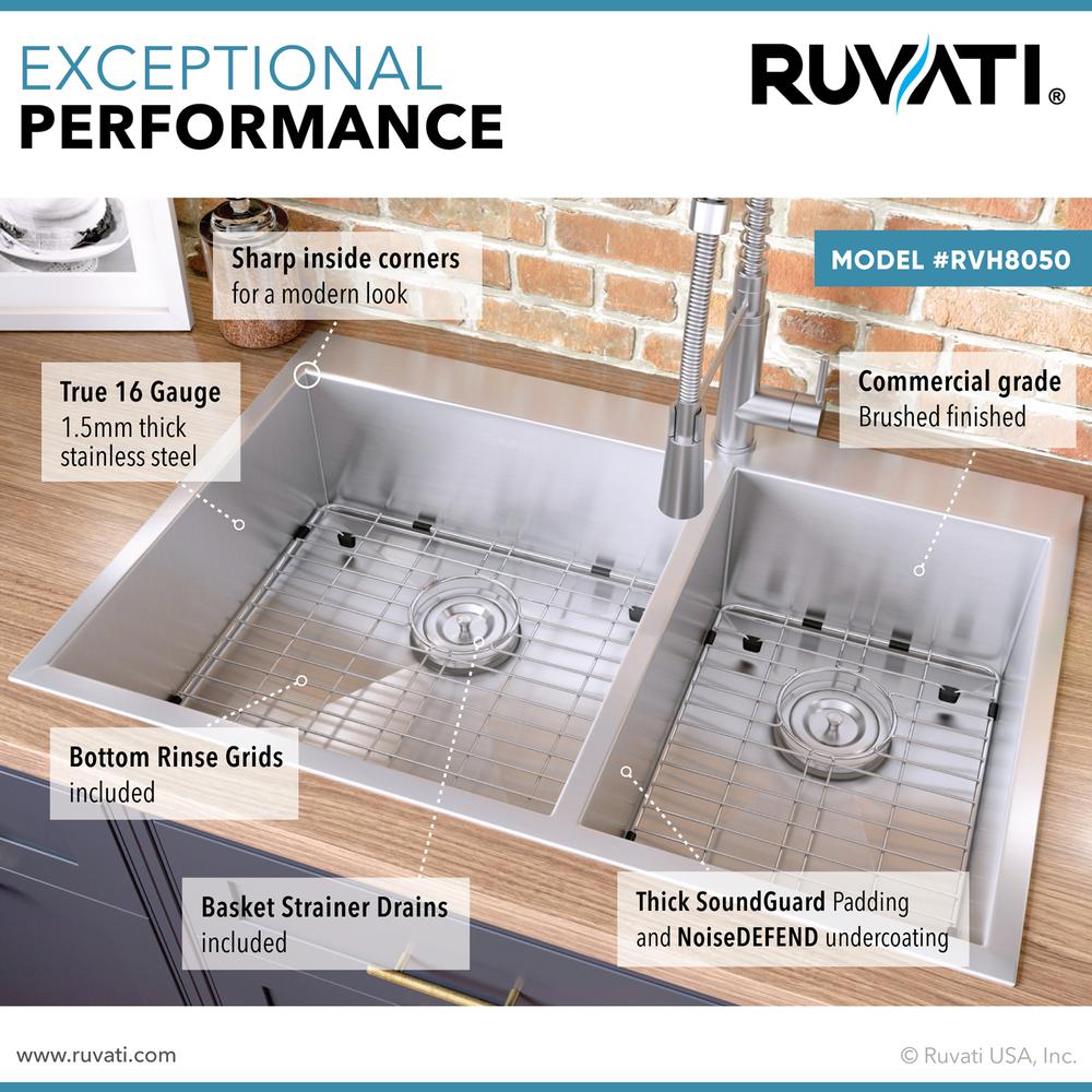 Ruvati 33 x 22 inch Drop-in 60/40 Double Bowl 16 Gauge Topmount Kitchen Sink. Picture 6