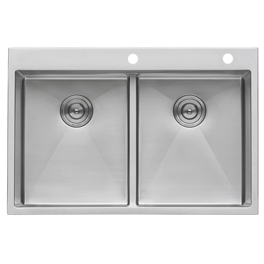Ruvati 33 x 22 inch Drop-in 50/50 Double Bowl 16 Gauge Topmount Kitchen Sink. Picture 9