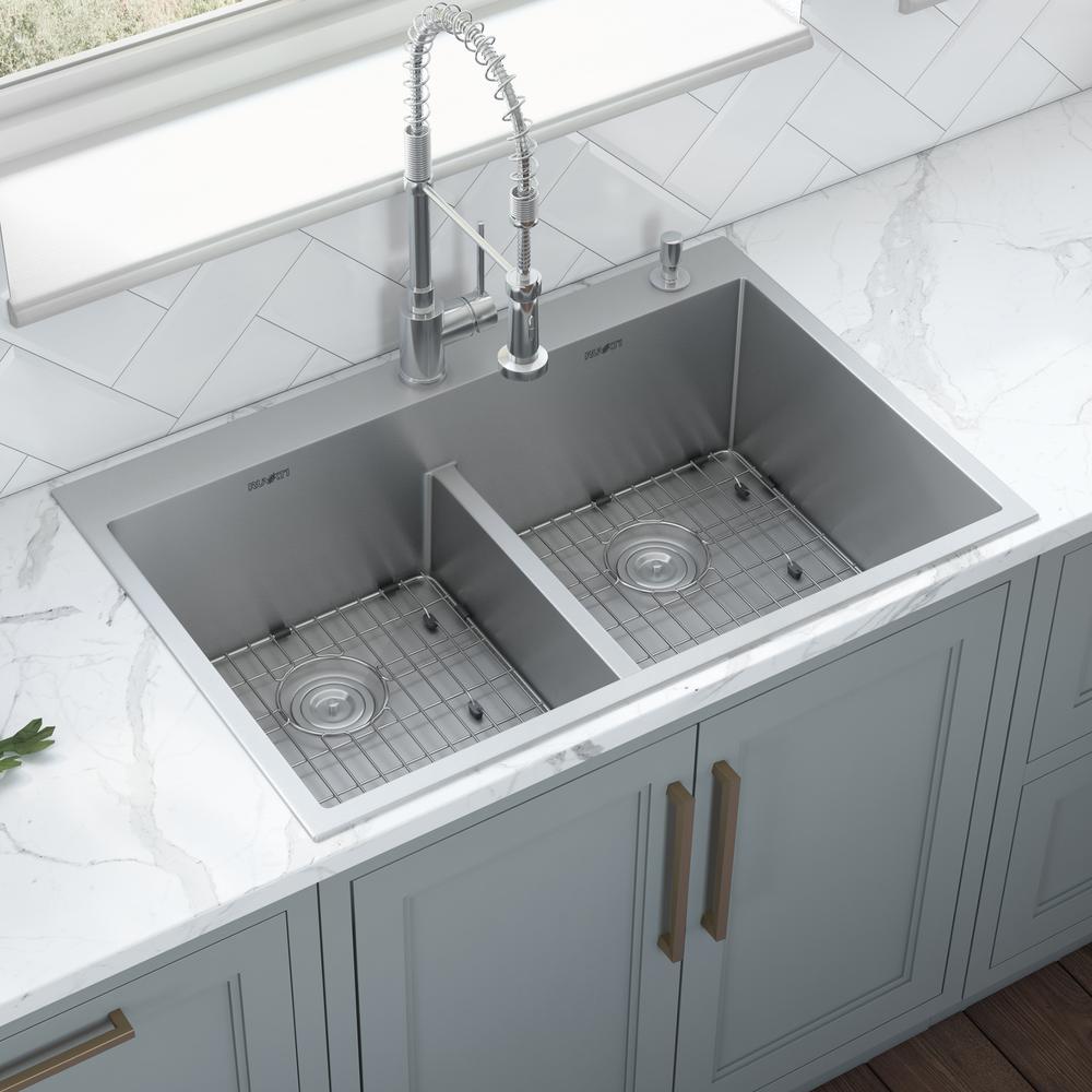 Ruvati 33 x 22 inch Drop-in 50/50 Double Bowl 16 Gauge Topmount Kitchen Sink. Picture 14