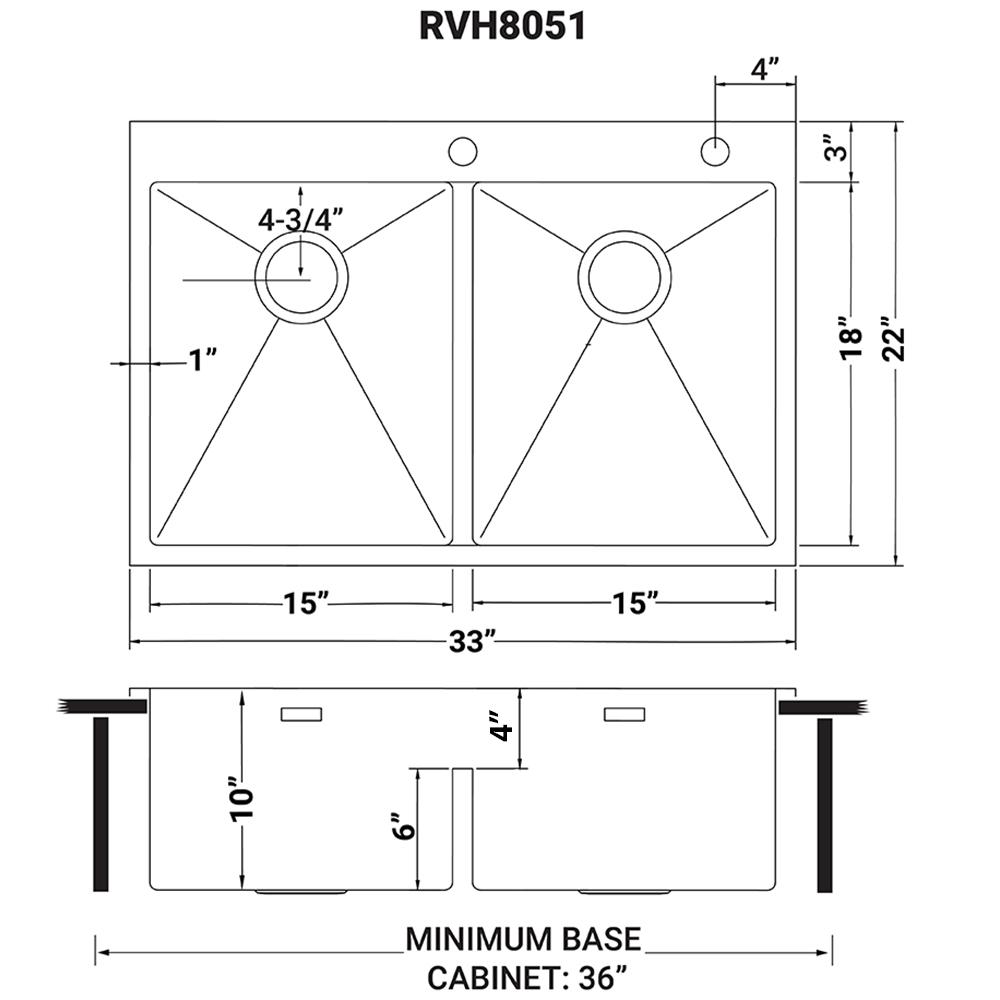 Ruvati 33 x 22 inch Drop-in 50/50 Double Bowl 16 Gauge Topmount Kitchen Sink. Picture 12