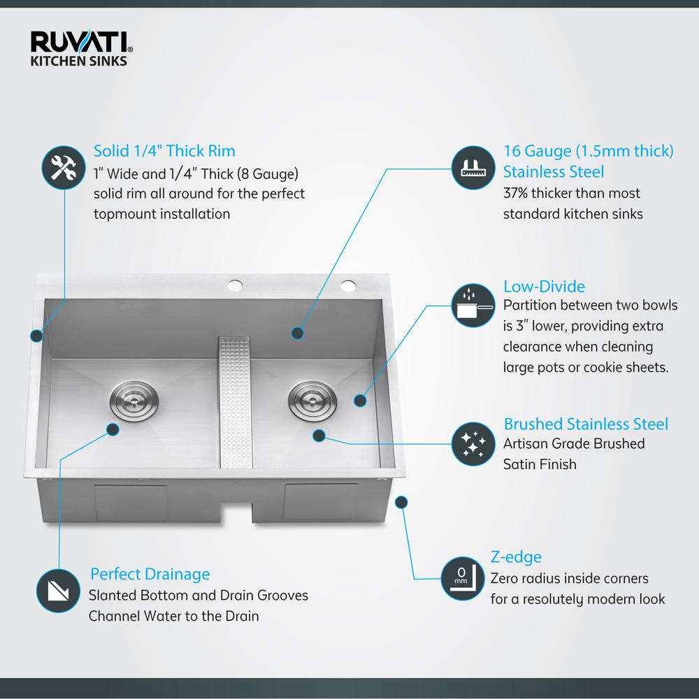 Ruvati 33-inch Drop-in Low Platform-Divide 16 Gauge Topmount Kitchen Sink. Picture 4