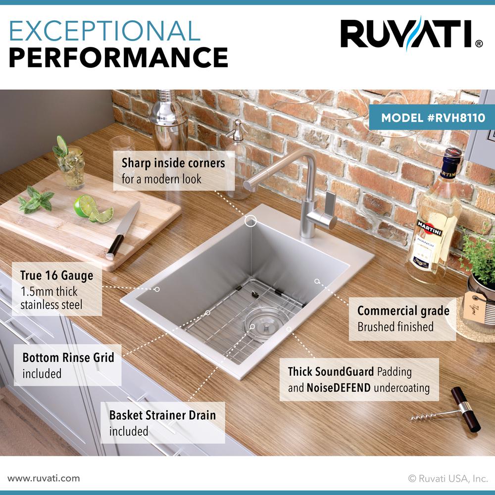 Ruvati 15 x 20 inch Drop-in Topmount Bar Prep Sink 16 Gauge Single Bowl. Picture 6