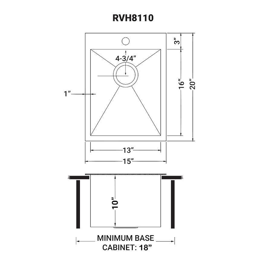 Ruvati 15 x 20 inch Drop-in Topmount Bar Prep Sink 16 Gauge Single Bowl. Picture 9