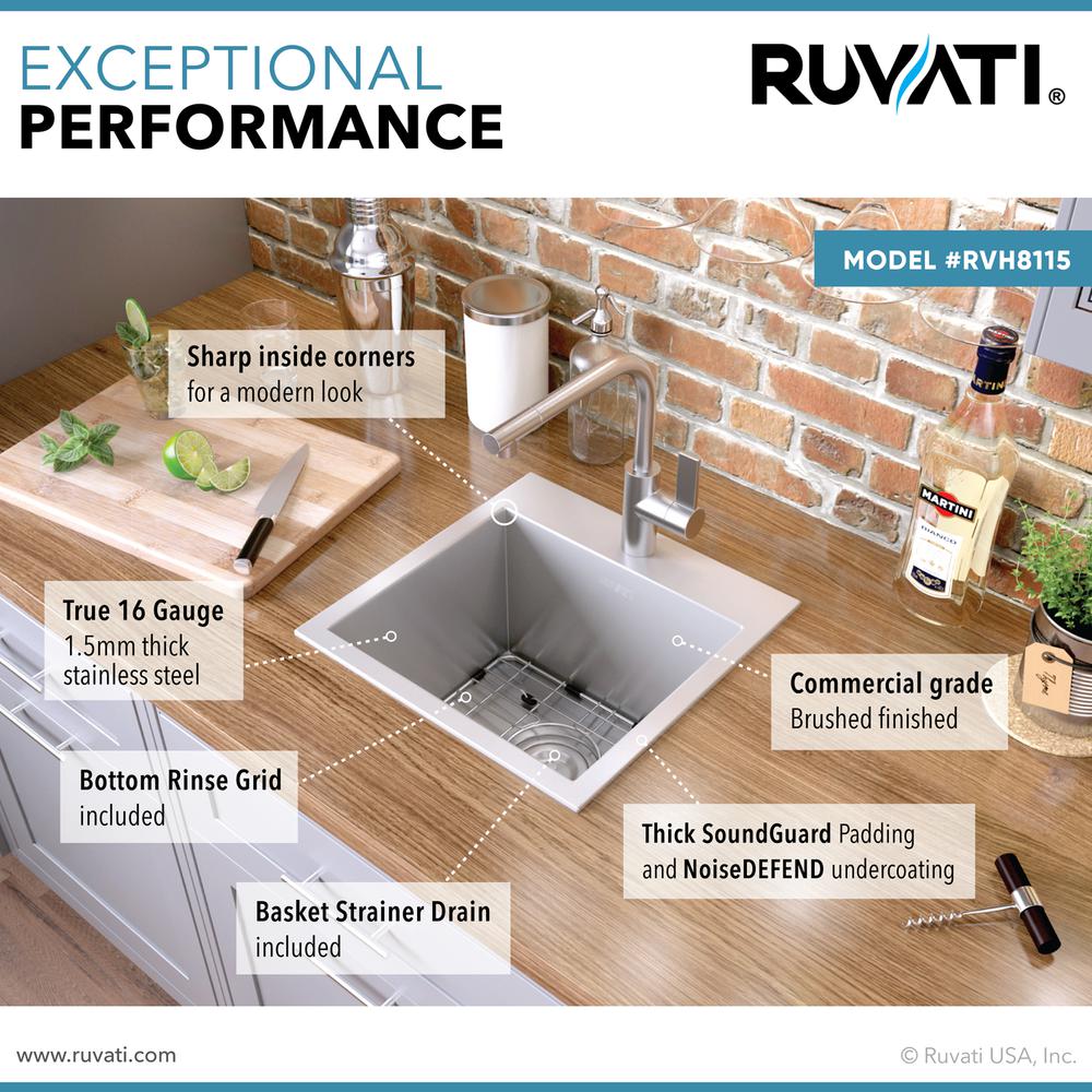 Ruvati 15 x 15 inch Drop-in Topmount Bar Prep Sink 16 Gauge Single Bowl. Picture 6