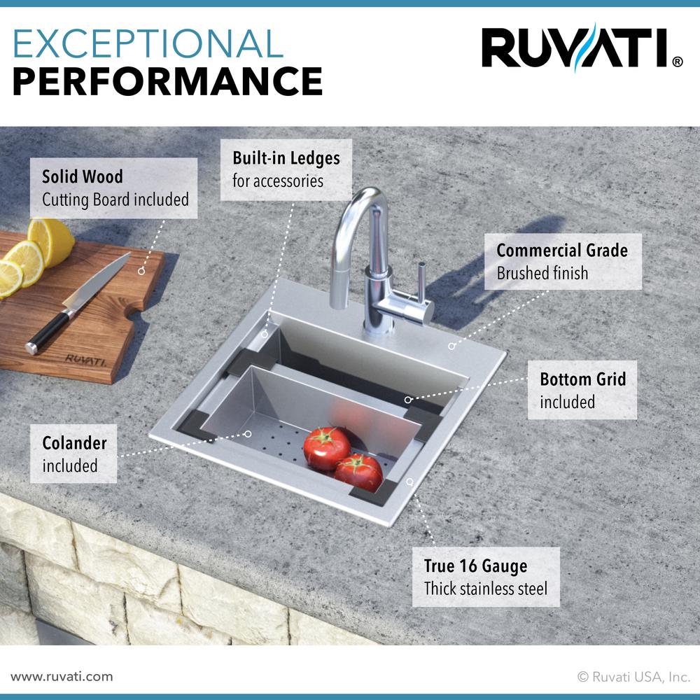Ruvati 15 x 15 inch Workstation Drop-in Topmount Bar Prep RV Sink 16 Gauge. Picture 11
