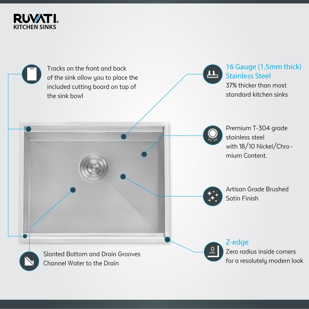 Ruvati 23" Kitchen Sink Undermount 16 Gauge Single Bowl. Picture 12