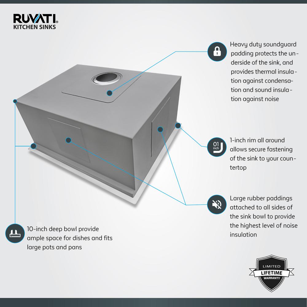 Ruvati 23" Kitchen Sink Undermount 16 Gauge Single Bowl. Picture 13