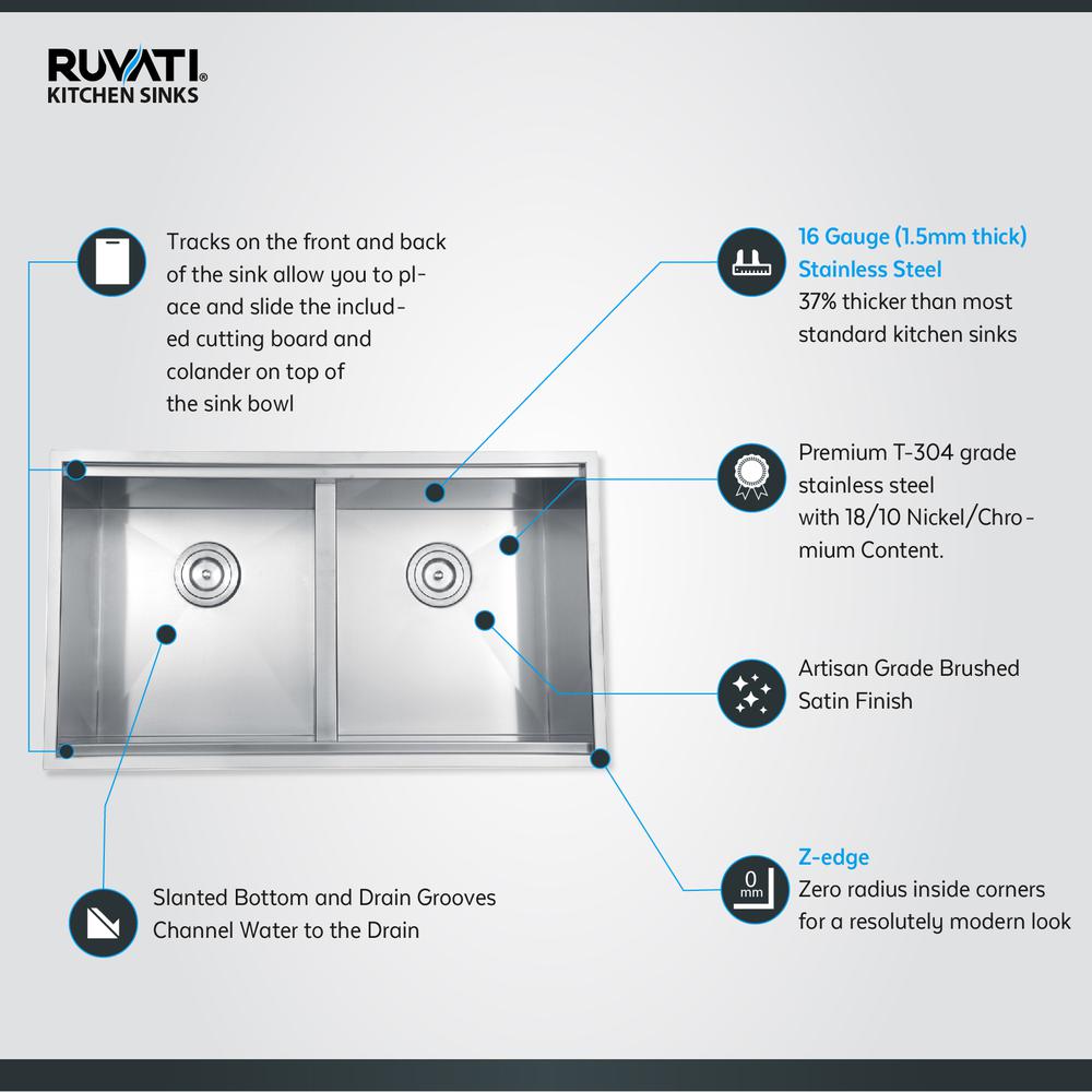 Ruvati 33in Workstation Ledge 50/50 Double Bowl Undermount 16 Gauge Kitchen Sink. Picture 13