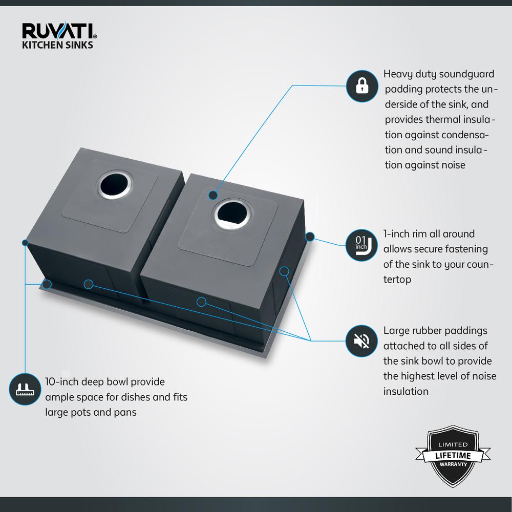 Ruvati 33in Workstation Ledge 50/50 Double Bowl Undermount 16 Gauge Kitchen Sink. Picture 14