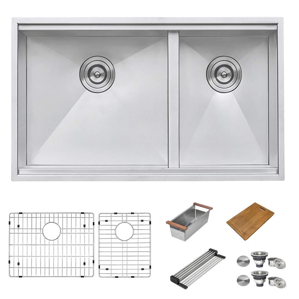 Ruvati 33in Workstation Ledge 60/40 Double Bowl Undermount 16 Gauge Kitchen Sink. Picture 1