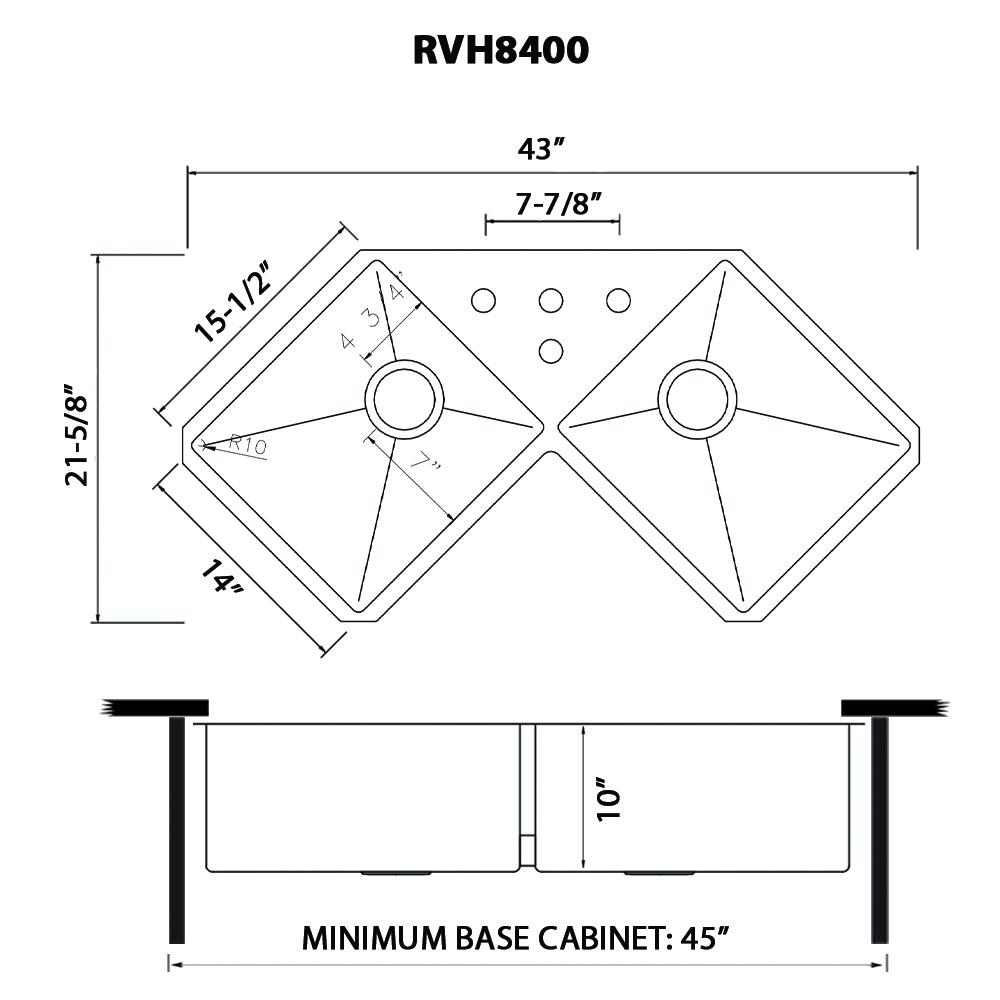 Ruvati Corner Butterfly Undermount Kitchen Sink 16 Gauge 44" Double Bowl. Picture 14