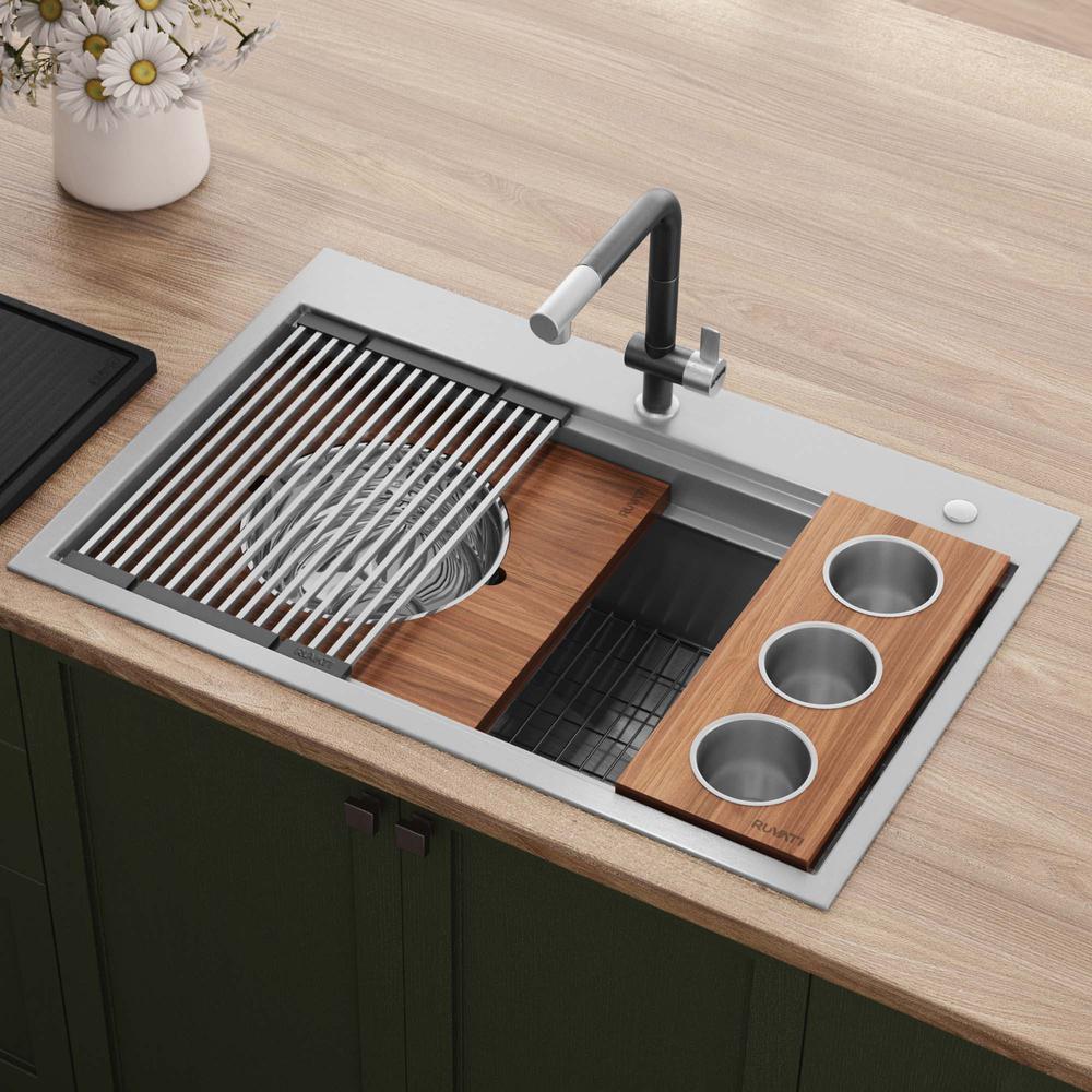 Ruvati 33 in Workstation Two-Tiered Ledge Kitchen Sink Drop-in Topmount 16 Gauge. Picture 10