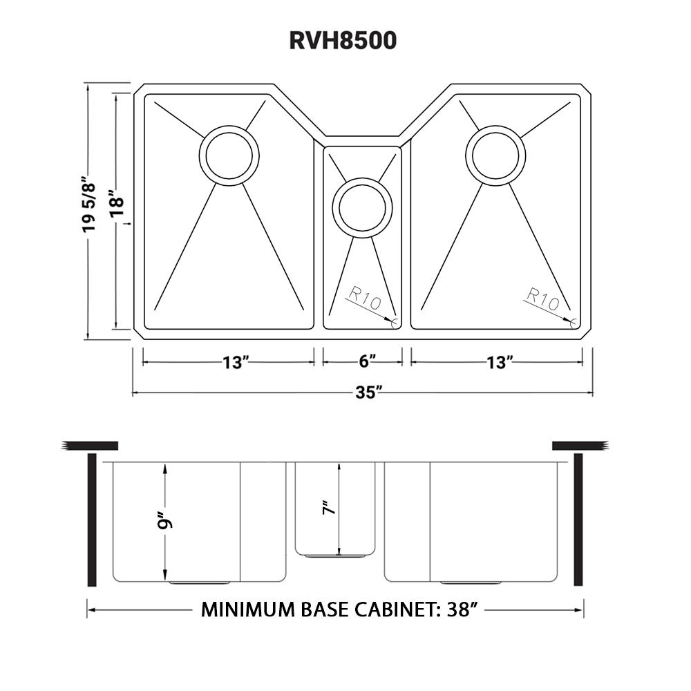 Ruvati 35" Triple Bowl Undermount 16 Gauge Stainless Steel Kitchen Sink. Picture 11