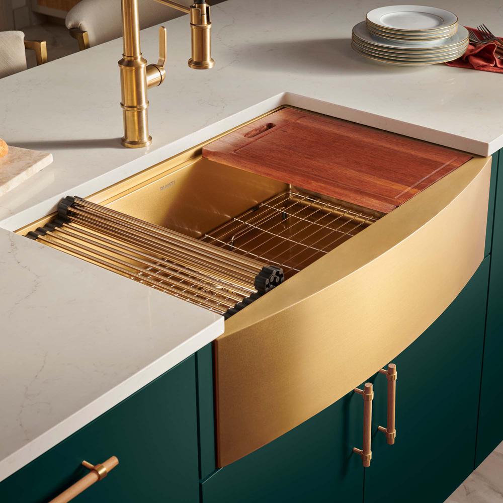 30in Matte Gold Workstation Apron-Front Brass Tone Stainless Steel Kitchen Sink. Picture 11
