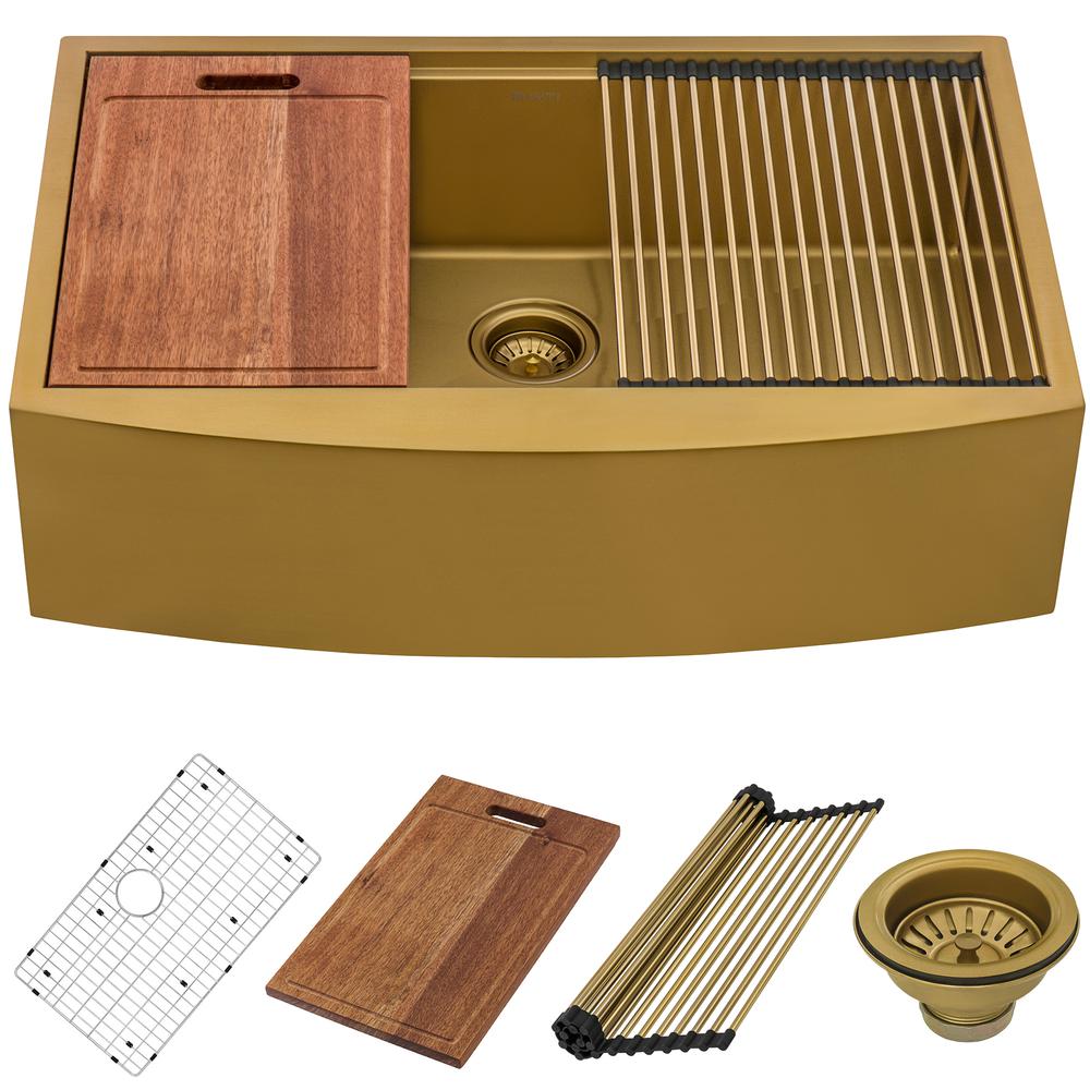 30in Matte Gold Workstation Apron-Front Brass Tone Stainless Steel Kitchen Sink. Picture 3