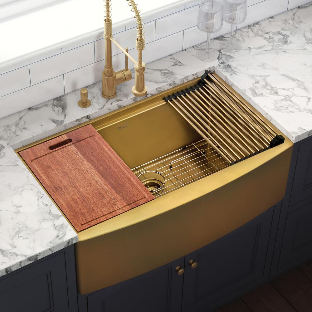30in Matte Gold Workstation Apron-Front Brass Tone Stainless Steel Kitchen Sink. Picture 12