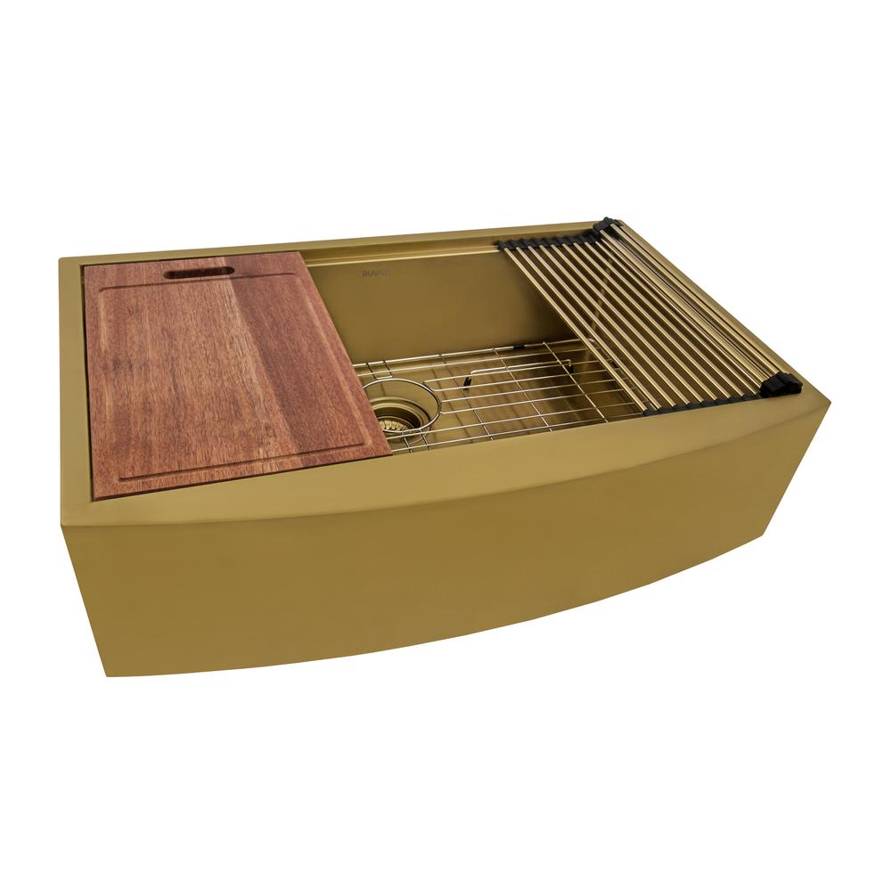33in Matte Gold Workstation Apron-Front Brass Tone Stainless Steel Kitchen Sink. Picture 1
