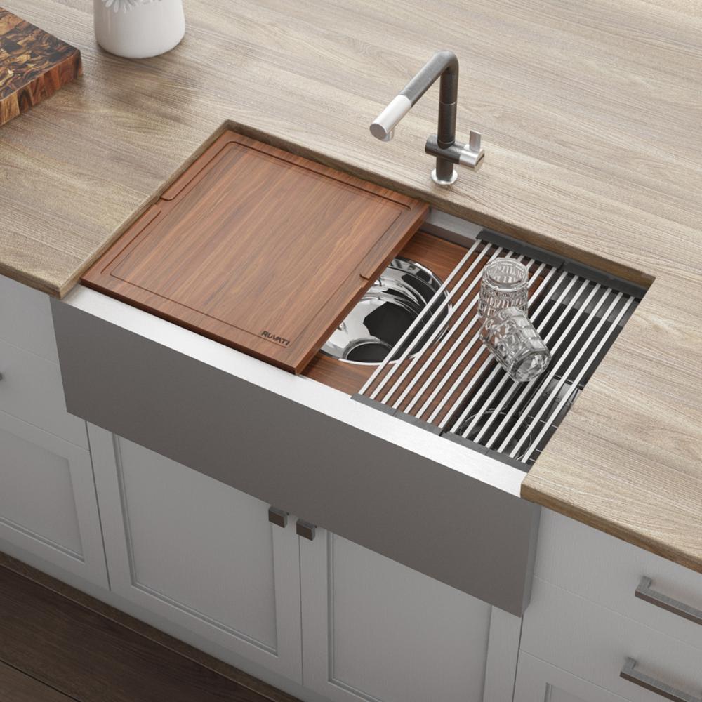 Ruvati 33-inch Workstation Two-Tiered Ledge Kitchen Sink Apron-Front 16 Gauge. Picture 9