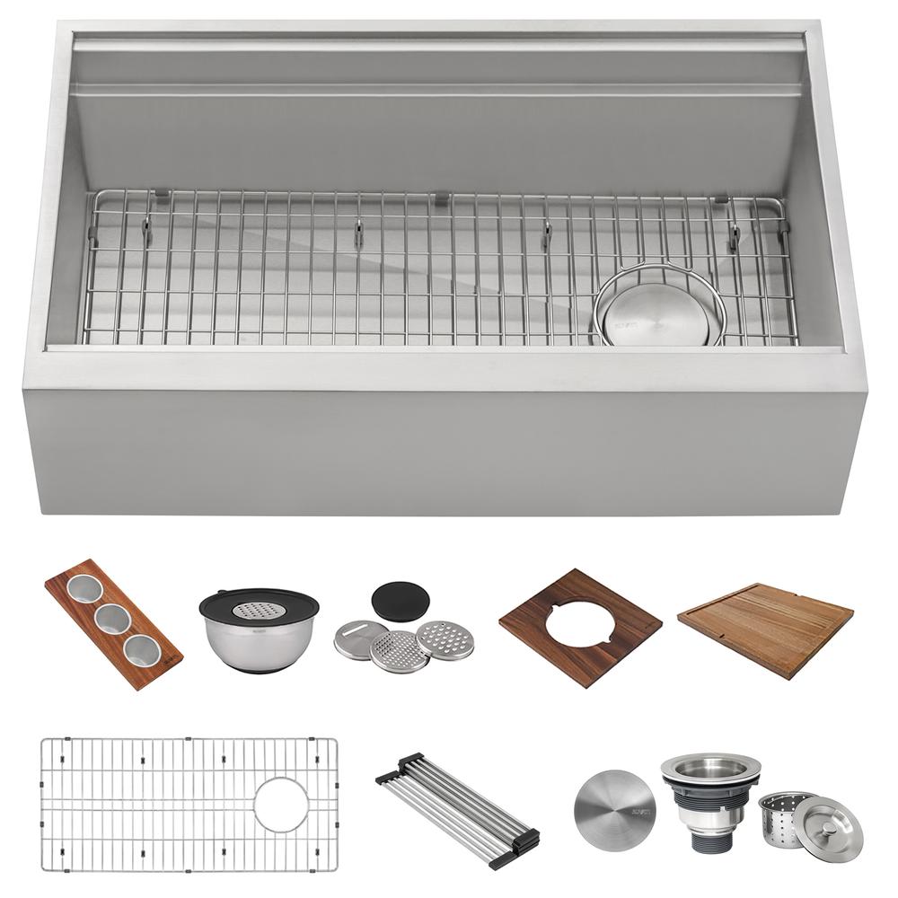 Ruvati 33-inch Workstation Two-Tiered Ledge Kitchen Sink Apron-Front 16 Gauge. Picture 5