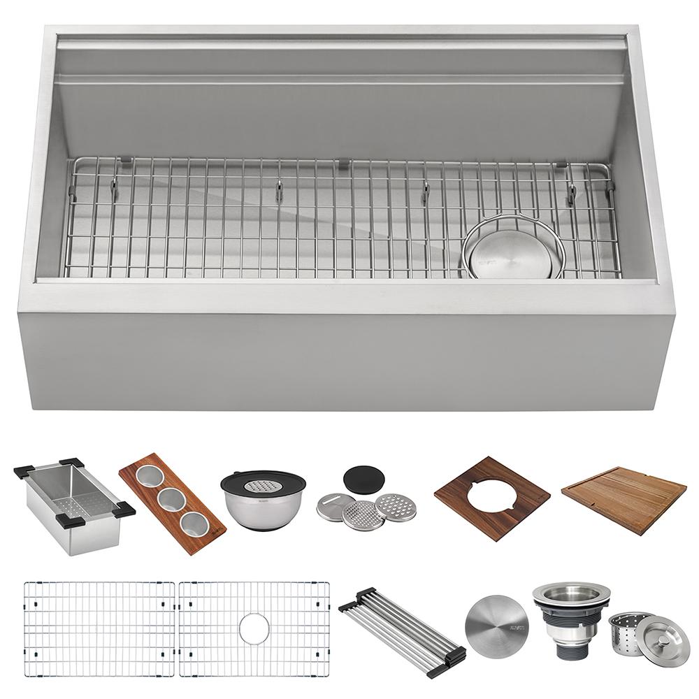 Ruvati 45-inch Workstation Two-Tiered Ledge Kitchen Sink Apron-Front 16 Gauge. Picture 1
