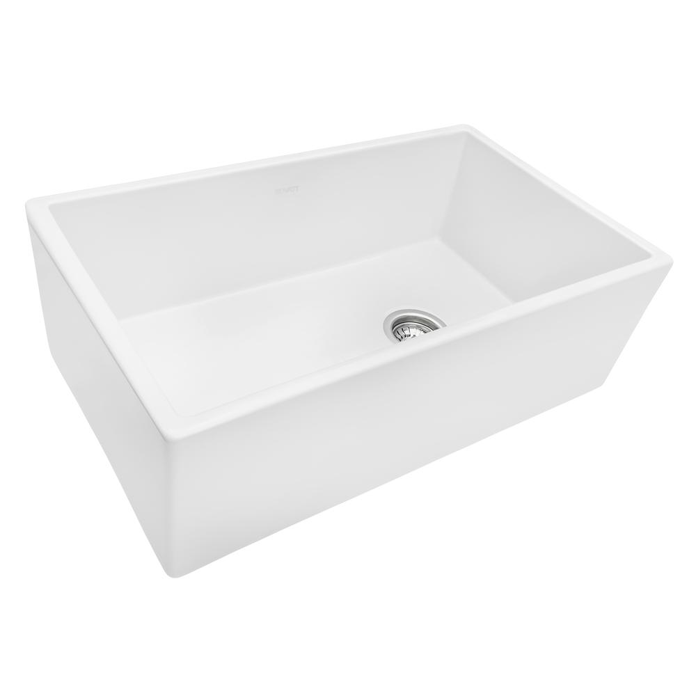 Ruvati 30-inch Fireclay Offset Drain Kitchen Sink Single Bowl WhiteRight Drain. Picture 1