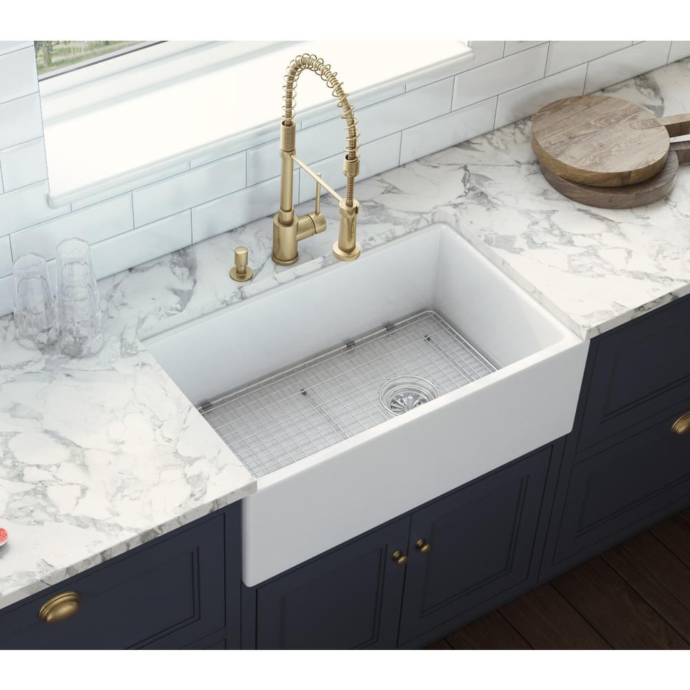 Ruvati 30-inch Fireclay Offset Drain Kitchen Sink Single Bowl WhiteRight Drain. Picture 8