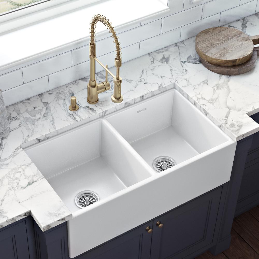 Ruvati 33 x 18 inch Fireclay Farmhouse Apron-Front Kitchen Sink Double Bowl. Picture 1
