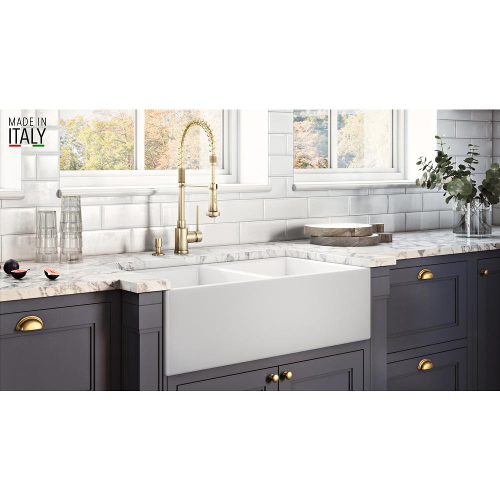Ruvati 33 x 18 inch Fireclay Farmhouse Apron-Front Kitchen Sink Double Bowl. Picture 4