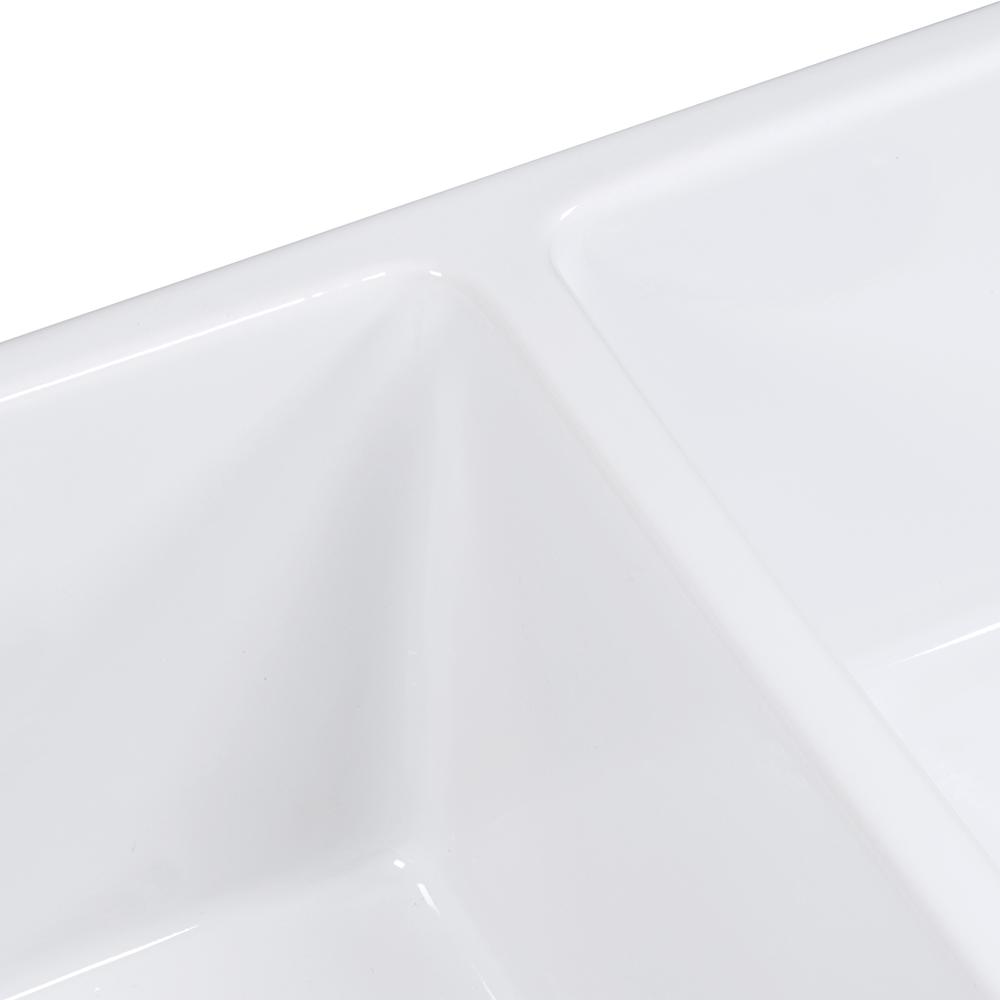 Ruvati 33 x 18 inch Fireclay Farmhouse Apron-Front Kitchen Sink Double Bowl. Picture 6