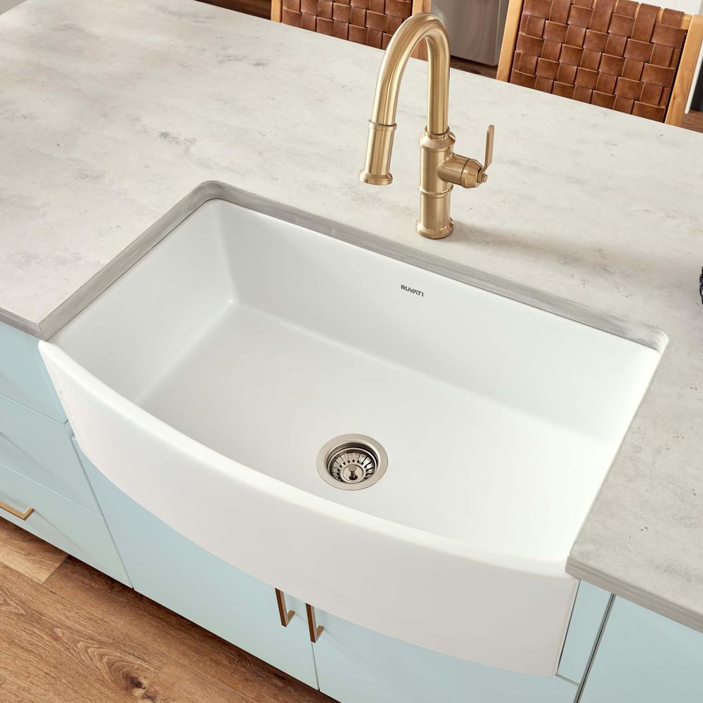 Ruvati 33 inch Fireclay White Kitchen Sink Bow Front Curved Apron Single Bowl. Picture 8