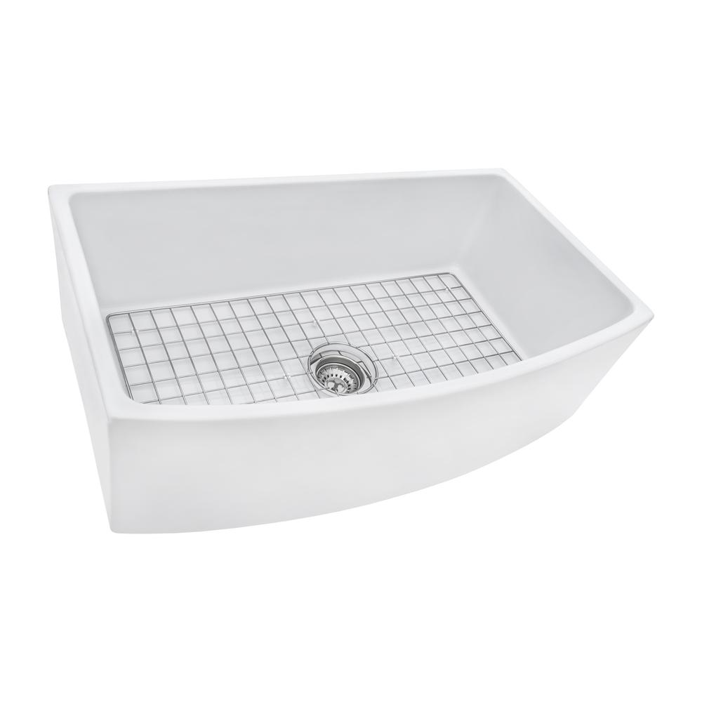Ruvati 33 inch Fireclay White Kitchen Sink Bow Front Curved Apron Single Bowl. Picture 1