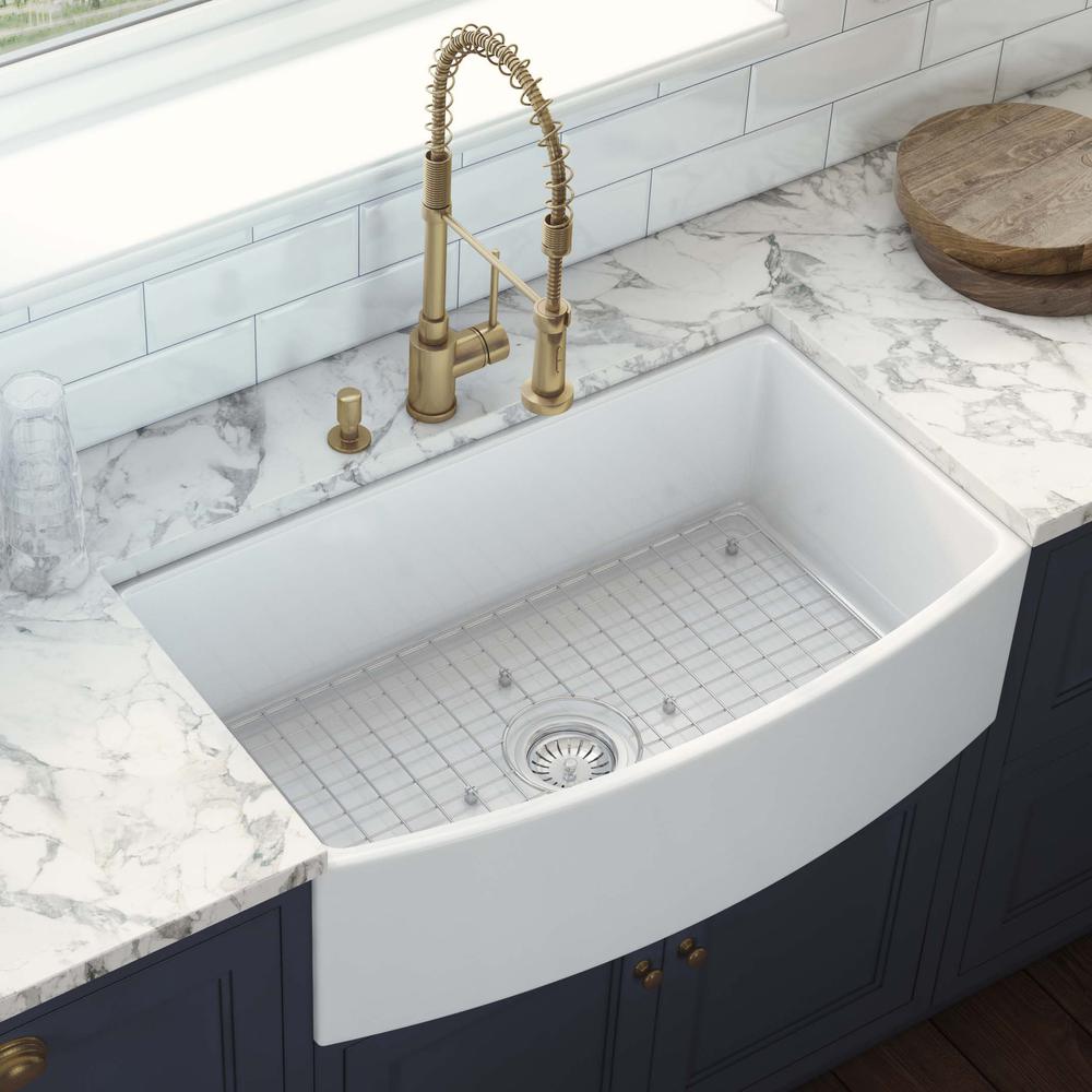 Ruvati 33 inch Fireclay White Kitchen Sink Bow Front Curved Apron Single Bowl. Picture 7