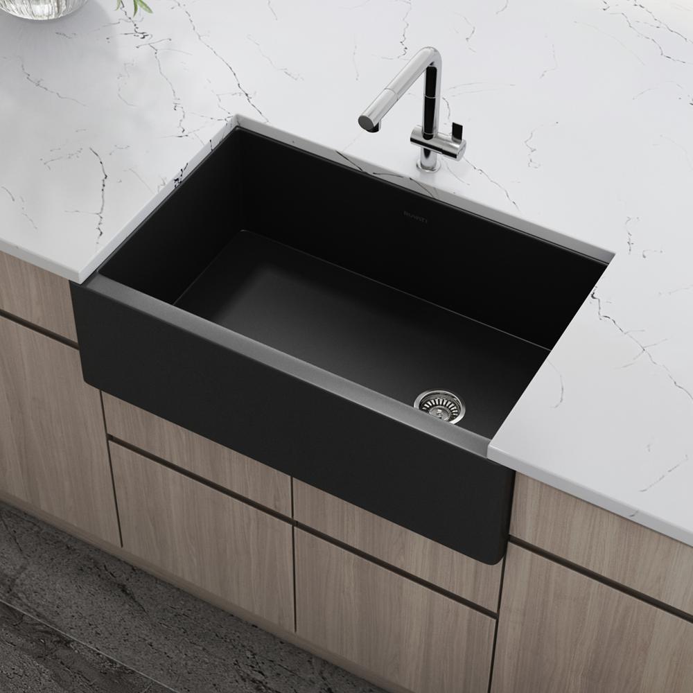Ruvati 30-inch Matte Black Fireclay Offset Drain Kitchen Sink Single Bowl. Picture 10