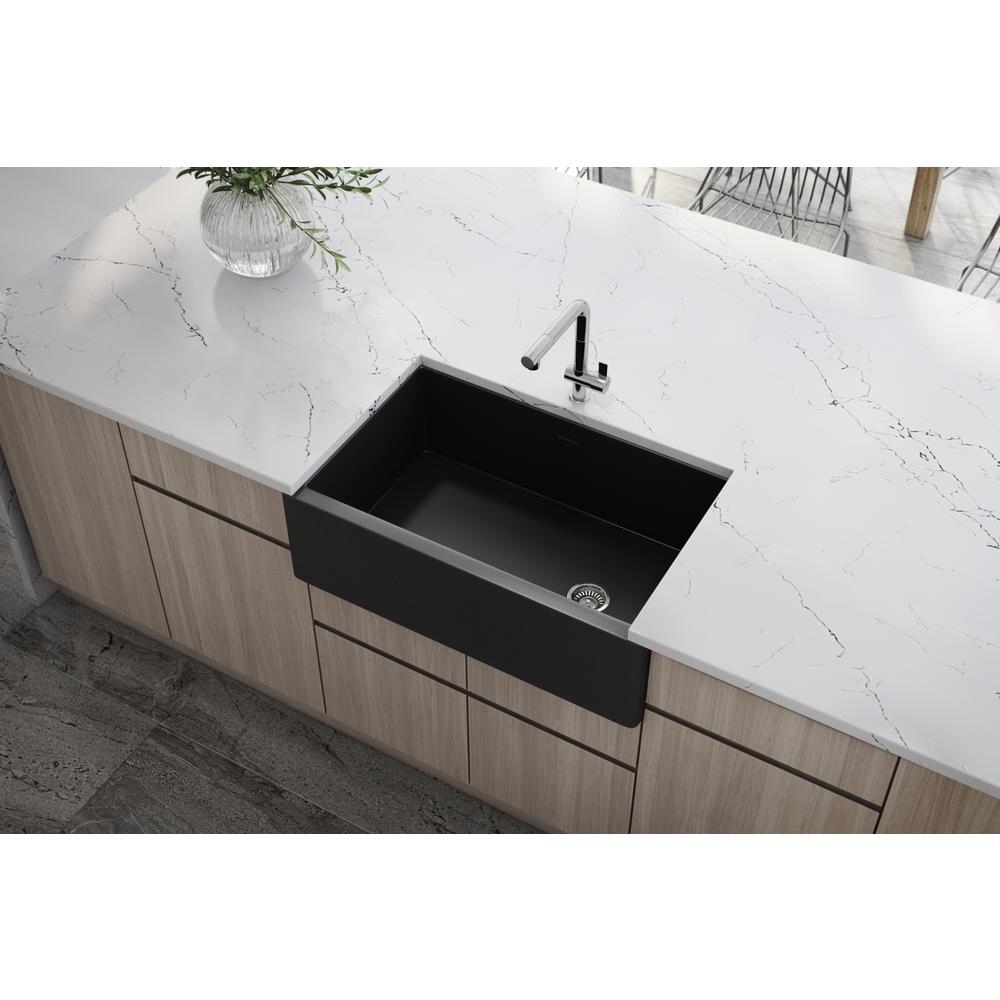 Ruvati 30-inch Matte Black Fireclay Offset Drain Kitchen Sink Single Bowl. Picture 7