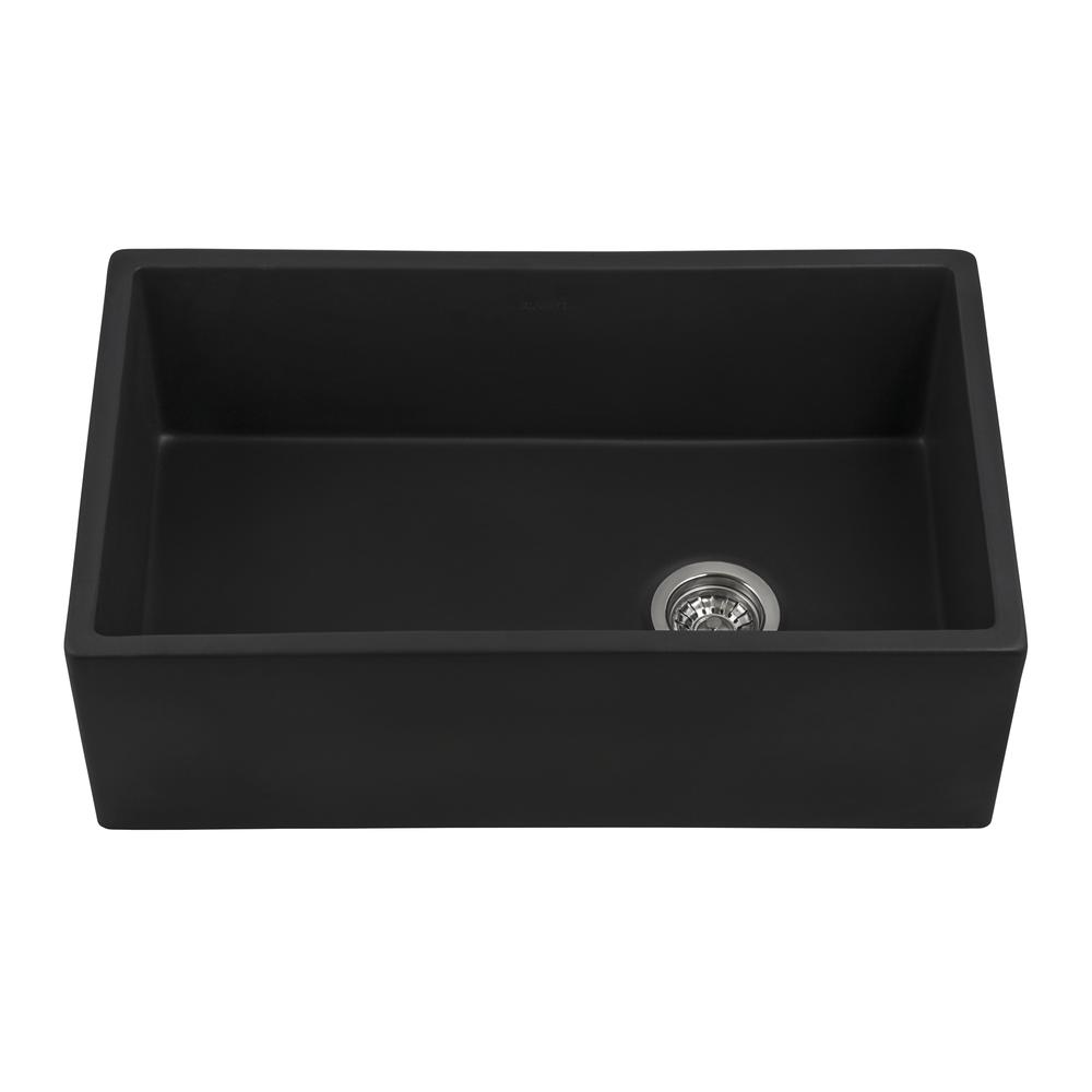 Ruvati 30-inch Matte Black Fireclay Offset Drain Kitchen Sink Single Bowl. Picture 1