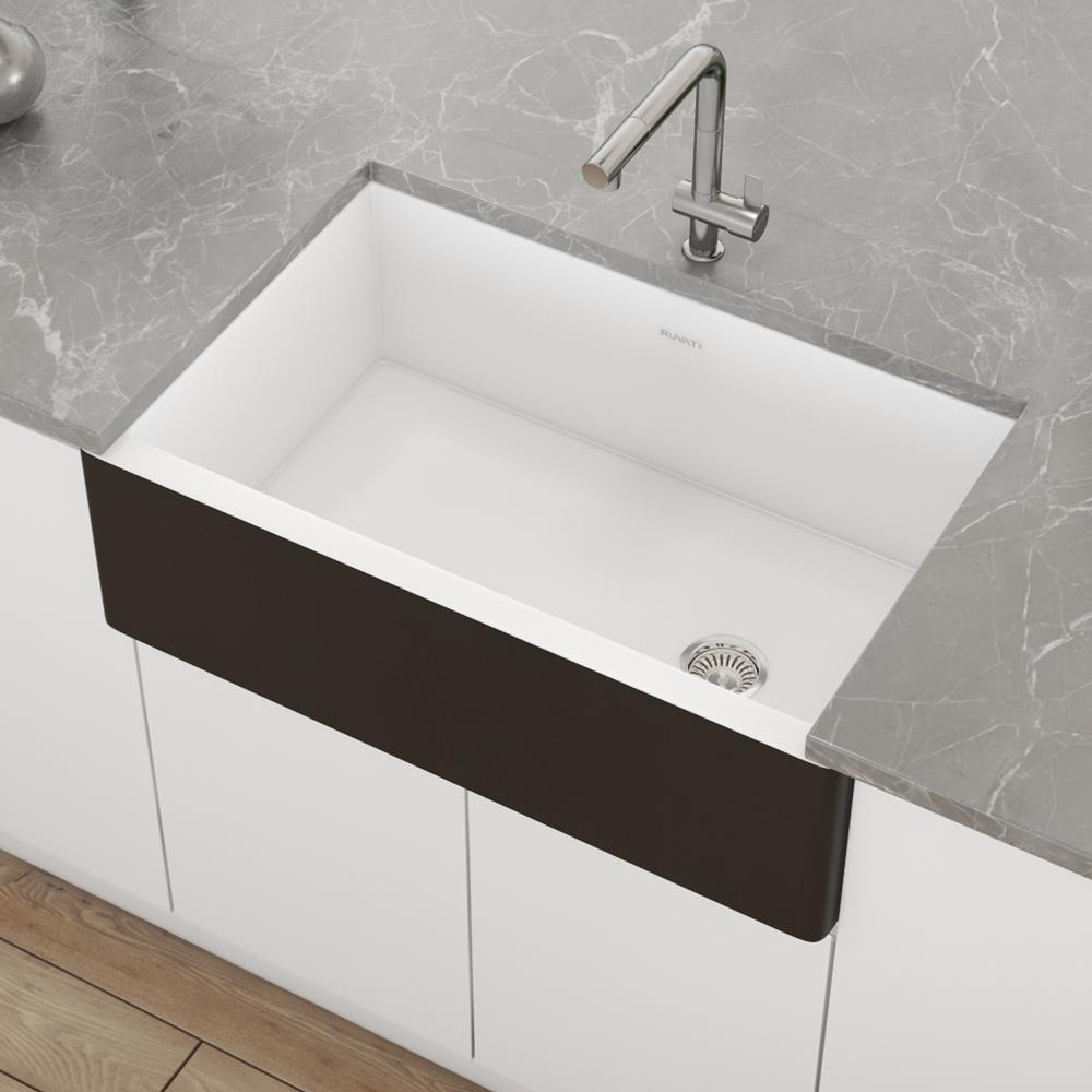 Ruvati 30-inch Fireclay Farmhouse Offset Drain Kitchen Sink Single Bowl. Picture 6