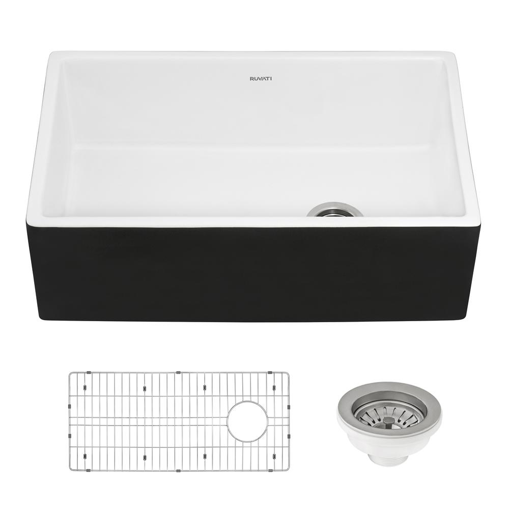 Ruvati 30-inch Fireclay Farmhouse Offset Drain Kitchen Sink Single Bowl. Picture 5