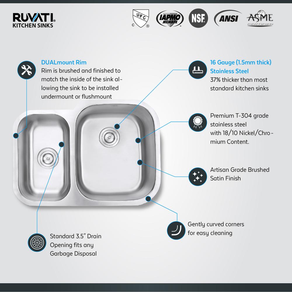Ruvati 29-inch Undermount 40/60 Double Bowl 16 Gauge Kitchen Sink. Picture 6
