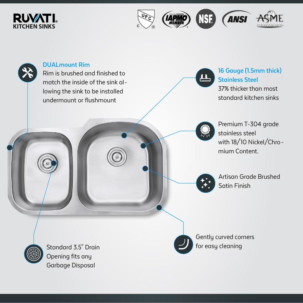 Ruvati 34-inch Undermount 40/60 Double Bowl 16 Gauge Kitchen Sink. Picture 6