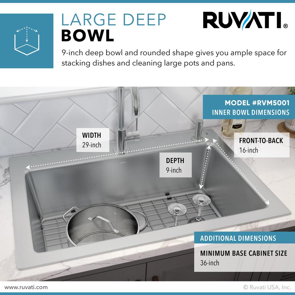 Ruvati 33 x 22 inch Drop-in Topmount Kitchen Sink 16 Gauge Single Bowl. Picture 3