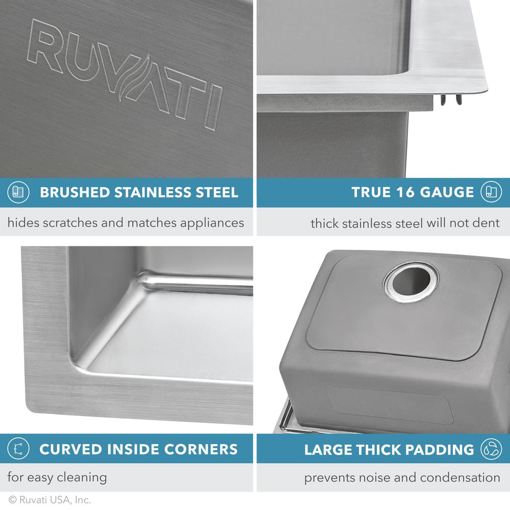 Ruvati 33 x 22 inch Drop-in Topmount Kitchen Sink 16 Gauge Single Bowl. Picture 5