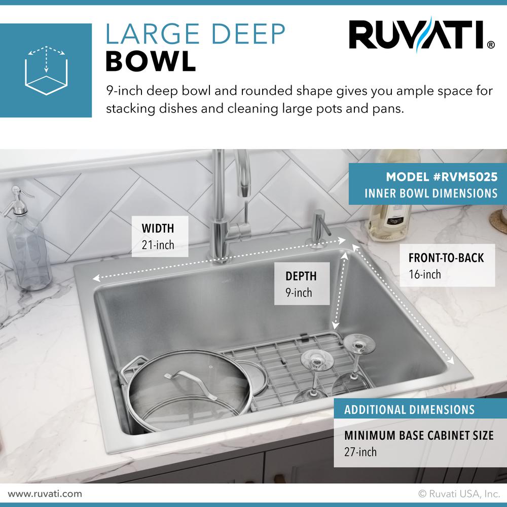Ruvati 25 x 22 inch Drop-in Topmount Kitchen Sink 16 Gauge Single Bowl. Picture 3